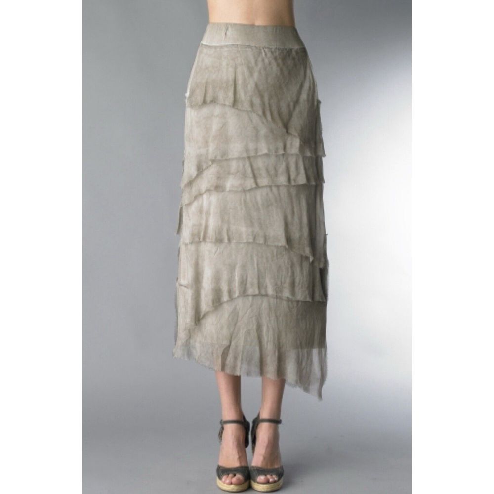New Tempo Paris Tiered Ruffled‎ Angled Silk Maxi Skirt Made In Italy Size Medium